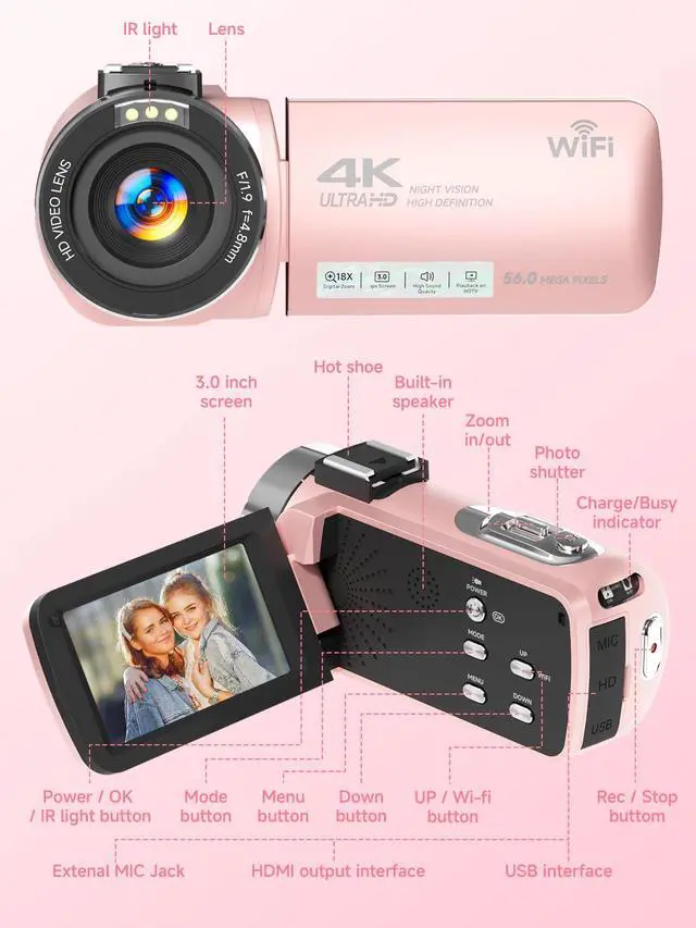 Alt view image 7 of 7 - 4K Video Camera Camcorder,UHD 56MP Camera Recorder,WiFi Vlogging Cameras for YouTube with IR Night Vision,18X Digital Zoom 3.0''Touch Screen Cam Corder with 64GB Card,Remote Control,Webcam,Pink