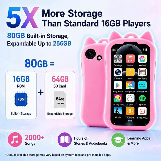 Alt view image 2 of 7 - Kids MP3 Player with Spotify and Parental Controls, MP3 Player for Kids with Bluetooth and WiFi, Mini Android Music Player with Audible & Audiobooks, MP4 Player for Children with Camera-Pink