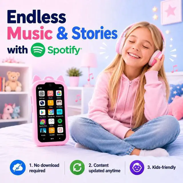 Alt view image 4 of 7 - Kids MP3 Player with Spotify and Parental Controls, MP3 Player for Kids with Bluetooth and WiFi, Mini Android Music Player with Audible & Audiobooks, MP4 Player for Children with Camera-Pink