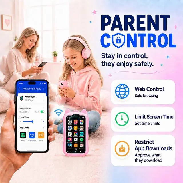 Alt view image 5 of 7 - Kids MP3 Player with Spotify and Parental Controls, MP3 Player for Kids with Bluetooth and WiFi, Mini Android Music Player with Audible & Audiobooks, MP4 Player for Children with Camera-Pink