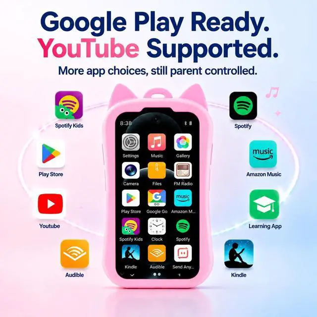 Alt view image 6 of 7 - Kids MP3 Player with Spotify and Parental Controls, MP3 Player for Kids with Bluetooth and WiFi, Mini Android Music Player with Audible & Audiobooks, MP4 Player for Children with Camera-Pink