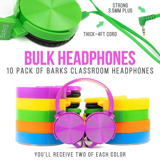 Alt view image 2 of 6 - Select Classroom Headphones Bulk 10 Pack On-Ear Wired 3.5mm Mixed Colors | Durable Everyday Student Use, Colorful Class Set, Tangle-Free Cords, Adjustable Fit All-Day Comfort, Easy Clean, K-12 Schools