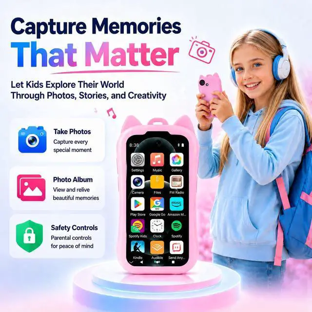 Alt view image 7 of 7 - Kids MP3 Player with Spotify and Parental Controls, MP3 Player for Kids with Bluetooth and WiFi, Mini Android Music Player with Audible & Audiobooks, MP4 Player for Children with Camera-Pink