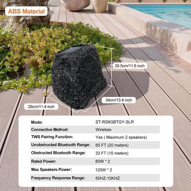 Alt view image 2 of 7 - 8" Rock Speakers Outdoor Waterproof - 5.3 Bluetooth Wireless Speaker Solar Powered Max Peak 240W for Garden,Patio,Deck,Pool,Backyard (Gray 1 Pair)