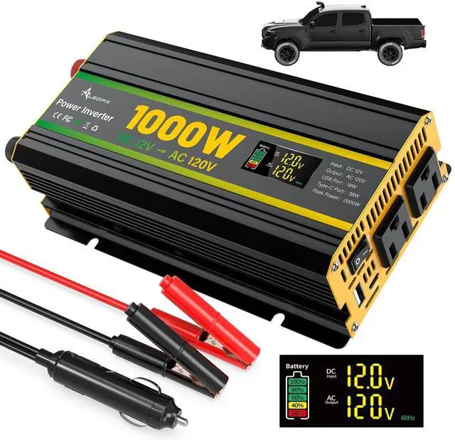 Main image of 1000W Power Inverter 12V to 110V for Vehicles/Truck/Car/Laptop, 1000 Watt Car Power Inverter with Cigarette Lighter/LED Display/100A Battery Cables/2 AC Outlets/2 USB Port, Surge 2000W Car Inverter