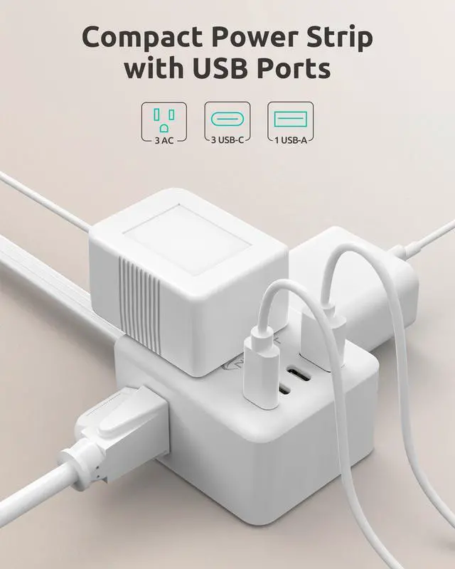 Alt view image 2 of 7 - 3FT Short Extension Cord with Outlet Cover, 3 Outlets and 4 USB Ports | Flat Plug Power Strip, Outlet Concealer, Small, Wall Mountable, Flat Face Outlet Extender Hidden Behind Couch, Bed, White