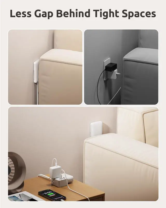 Alt view image 4 of 7 - 3FT Short Extension Cord with Outlet Cover, 3 Outlets and 4 USB Ports | Flat Plug Power Strip, Outlet Concealer, Small, Wall Mountable, Flat Face Outlet Extender Hidden Behind Couch, Bed, White