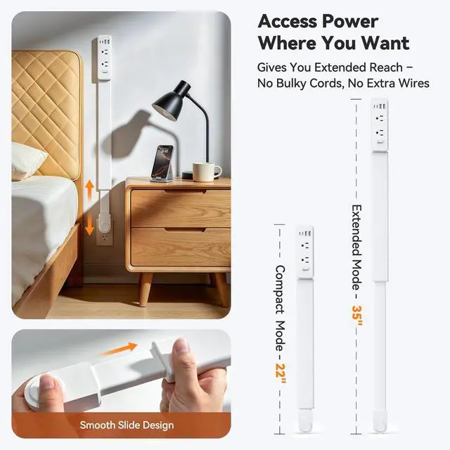 Alt view image 2 of 7 - Outlet Extender Stick, 360° Rotating Wall Outlet Expander with 22-35" Extendable Base, 10-in-1 Power Strip Stick with 6 AC Outlets, 4 USB Ports (2 USB-C), Flat Plug for Behind Couch, Home, Office