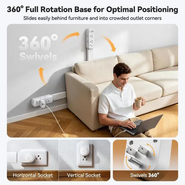 Alt view image 3 of 7 - Outlet Extender Stick, 360° Rotating Wall Outlet Expander with 22-35" Extendable Base, 10-in-1 Power Strip Stick with 6 AC Outlets, 4 USB Ports (2 USB-C), Flat Plug for Behind Couch, Home, Office