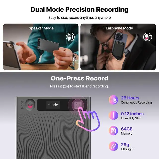 Alt view image 2 of 7 - TicNote AI Voice Recorder, AI Transcription & Summary, 64GB | with Case, APP Control, 120+ Languages, Dual-Mode Recording, Voiceprint Identification, AI Shadow, 600 Minutes Free/Month