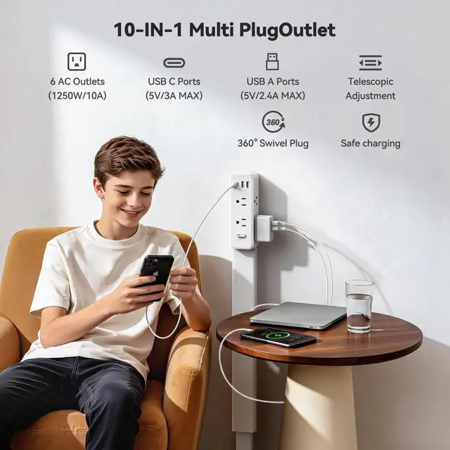 Alt view image 4 of 7 - Outlet Extender Stick, 360° Rotating Wall Outlet Expander with 22-35" Extendable Base, 10-in-1 Power Strip Stick with 6 AC Outlets, 4 USB Ports (2 USB-C), Flat Plug for Behind Couch, Home, Office