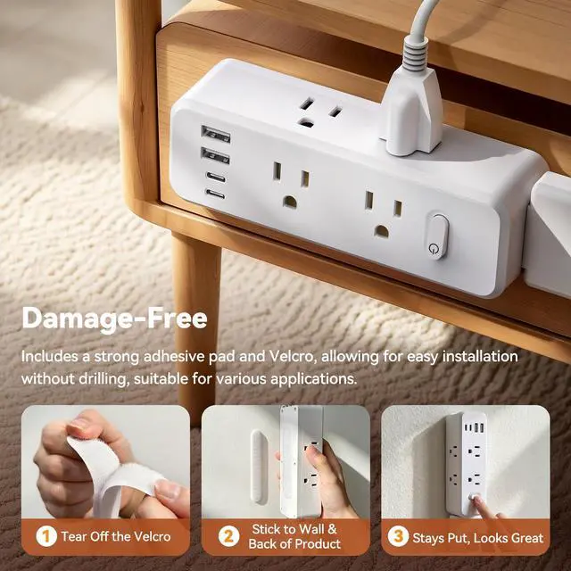 Alt view image 5 of 7 - Outlet Extender Stick, 360° Rotating Wall Outlet Expander with 22-35" Extendable Base, 10-in-1 Power Strip Stick with 6 AC Outlets, 4 USB Ports (2 USB-C), Flat Plug for Behind Couch, Home, Office
