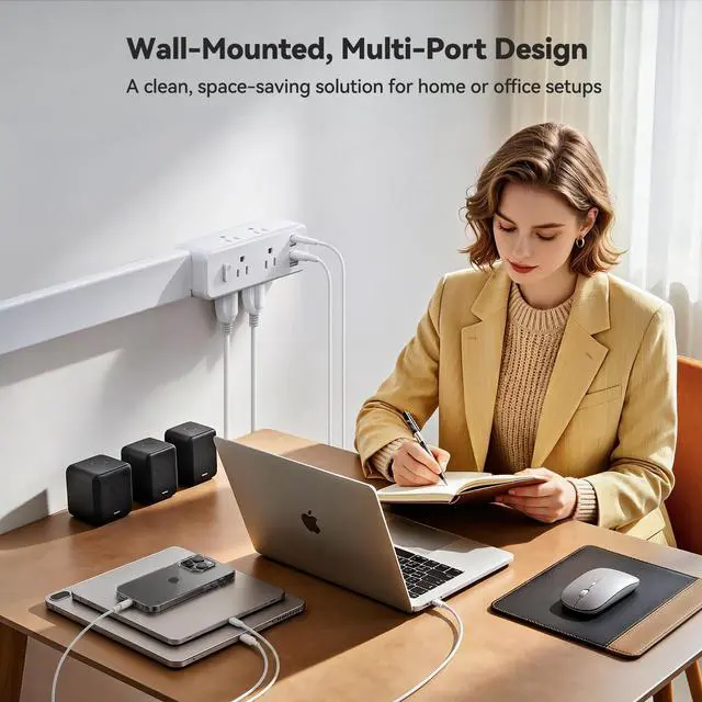 Alt view image 7 of 7 - Outlet Extender Stick, 360° Rotating Wall Outlet Expander with 22-35" Extendable Base, 10-in-1 Power Strip Stick with 6 AC Outlets, 4 USB Ports (2 USB-C), Flat Plug for Behind Couch, Home, Office