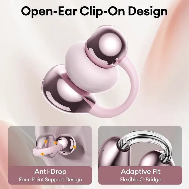 Alt view image 3 of 7 - Clip On Open Ear Earbuds Wireless Bluetooth 5.4, Clip On Earbuds with LCD Touchscreen, Lightweight Comfort Open Ear Headphones for Sports, Fitness, and Workouts, Rose Gold M100