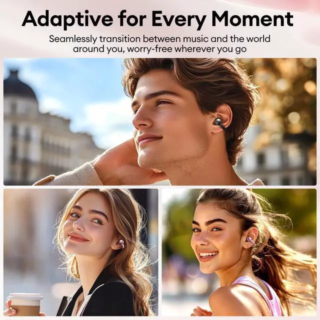 Alt view image 6 of 7 - Clip On Open Ear Earbuds Wireless Bluetooth 5.4, Clip On Earbuds with LCD Touchscreen, Lightweight Comfort Open Ear Headphones for Sports, Fitness, and Workouts, Rose Gold M100