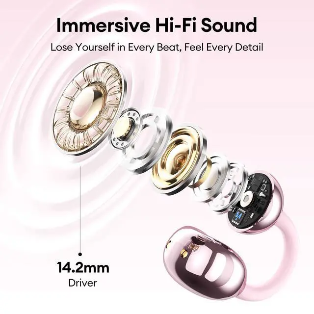 Alt view image 5 of 7 - Clip On Open Ear Earbuds Wireless Bluetooth 5.4, Clip On Earbuds with LCD Touchscreen, Lightweight Comfort Open Ear Headphones for Sports, Fitness, and Workouts, Rose Gold M100
