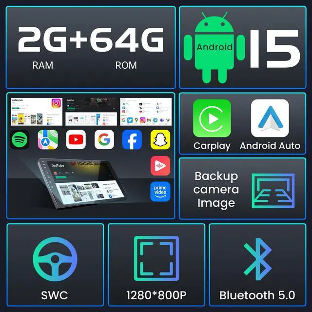Alt view image 7 of 7 - 4Core 64G ROM Car Radio Stereo for Toyota Corolla 2014-2016: 5G-WiFi | 10" 1280*800 Touch Screen Head Unit Wireless Carplay Android Auto Bluetooth GPS RDS EQ HiFi FM Mirror Link SWC Backup Camera