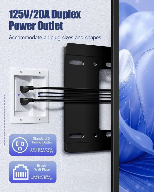 Alt view image 3 of 7 - Wall Cable Concealer Kit, in Wall Cable Management Kit for TV, Recessed Outlet with Cable Management Box, in Wall Power Kit Hides TV Cords and Cables, Fits All Plugs, White