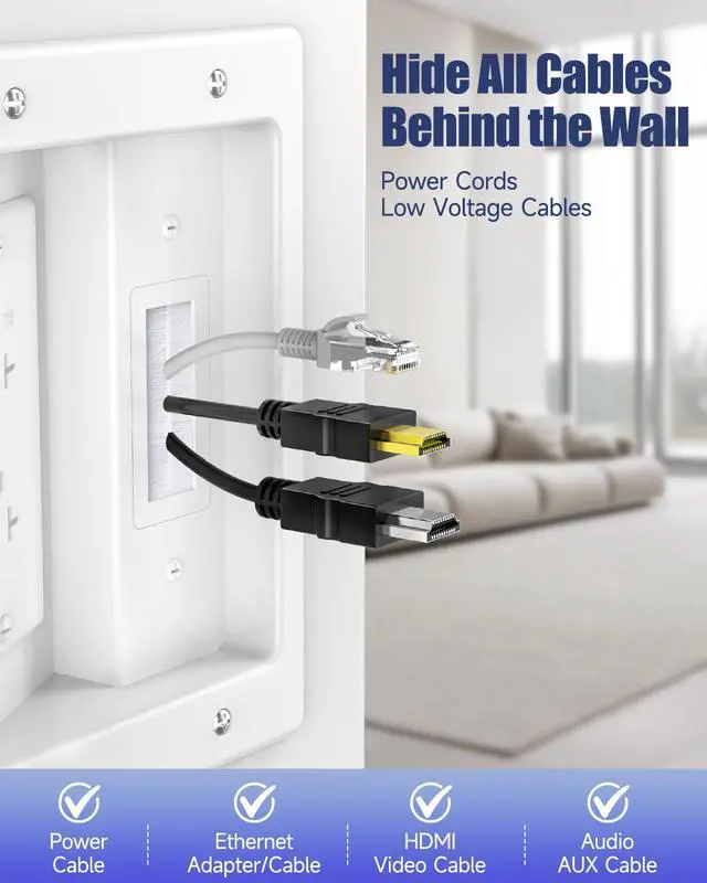Alt view image 4 of 7 - Wall Cable Concealer Kit, in Wall Cable Management Kit for TV, Recessed Outlet with Cable Management Box, in Wall Power Kit Hides TV Cords and Cables, Fits All Plugs, White