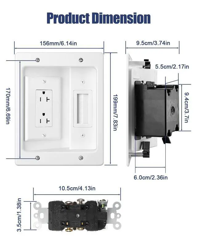 Alt view image 5 of 7 - Wall Cable Concealer Kit, in Wall Cable Management Kit for TV, Recessed Outlet with Cable Management Box, in Wall Power Kit Hides TV Cords and Cables, Fits All Plugs, White