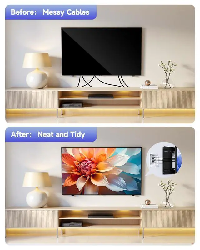 Alt view image 6 of 7 - Wall Cable Concealer Kit, in Wall Cable Management Kit for TV, Recessed Outlet with Cable Management Box, in Wall Power Kit Hides TV Cords and Cables, Fits All Plugs, White