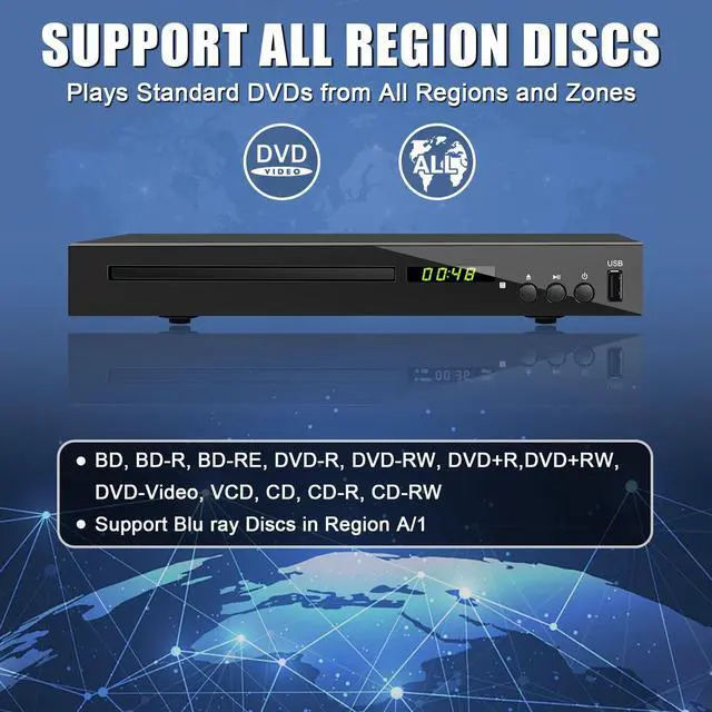 Alt view image 4 of 7 - HD Blu Ray Player, Blue Ray/DVD/CD Player for TV, Play Region A/1 Blu-ray Disc and DVD Discs, Blu-ray DVD Player with HDMI/AV/Coaxial Output, USB Input, Built-in PAL NTSC (Zone 1 Blu-ray)