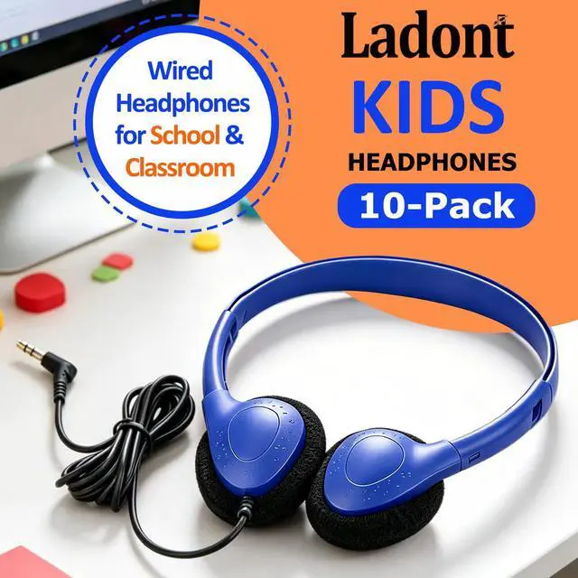 Alt view image 2 of 7 - 10 Pack Kids Headphones Bulk for School Classroom, Multi Color Wired Student Headsets, Adjustable On-Ear Earbuds for Chromebook Computer Lab Testing, 3.5mm Jack