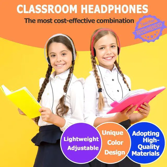 Alt view image 3 of 7 - 10 Pack Kids Headphones Bulk for School Classroom, Multi Color Wired Student Headsets, Adjustable On-Ear Earbuds for Chromebook Computer Lab Testing, 3.5mm Jack
