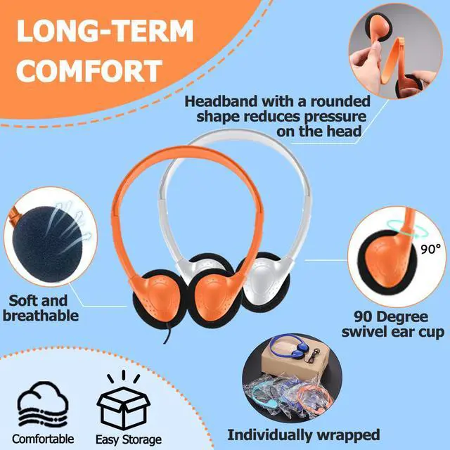 Alt view image 4 of 7 - 10 Pack Kids Headphones Bulk for School Classroom, Multi Color Wired Student Headsets, Adjustable On-Ear Earbuds for Chromebook Computer Lab Testing, 3.5mm Jack