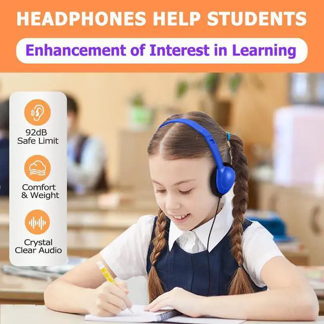 Alt view image 5 of 7 - 10 Pack Kids Headphones Bulk for School Classroom, Multi Color Wired Student Headsets, Adjustable On-Ear Earbuds for Chromebook Computer Lab Testing, 3.5mm Jack