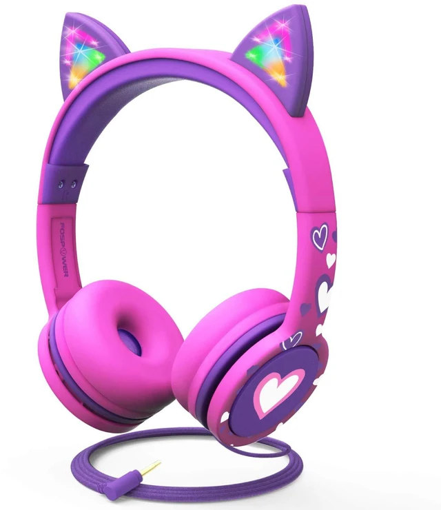 Main image of Kids Headphones with LED Cat Ears (85dB Safe Volume Limit), 3.5mm Soft On-Ear Wired Headphones with Tangle-Free Laced Cables for iPad/Tablet/School/Travel - Hot Pink/Purple
