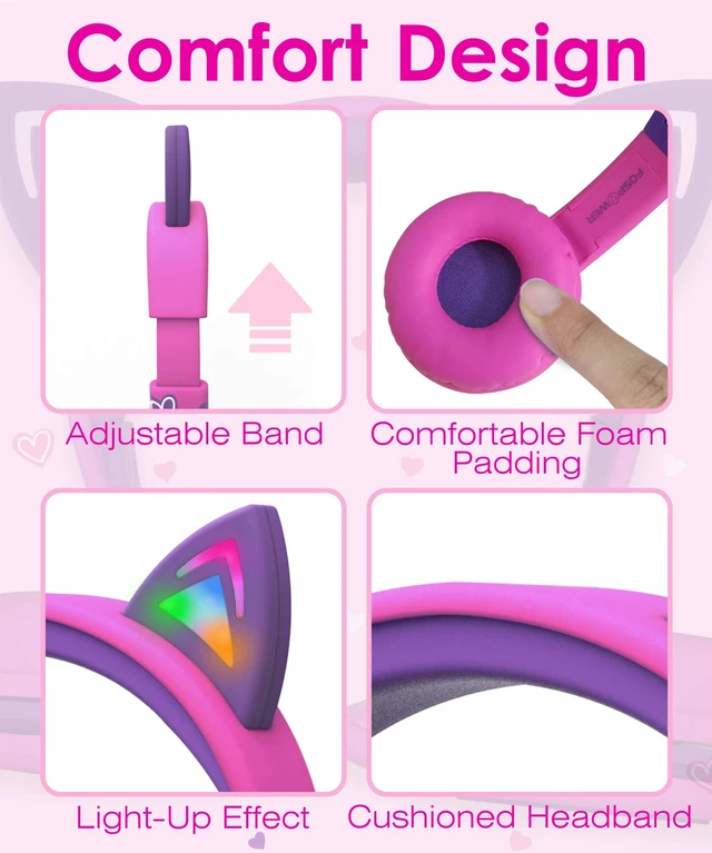 Alt view image 2 of 7 - Kids Headphones with LED Cat Ears (85dB Safe Volume Limit), 3.5mm Soft On-Ear Wired Headphones with Tangle-Free Laced Cables for iPad/Tablet/School/Travel - Hot Pink/Purple