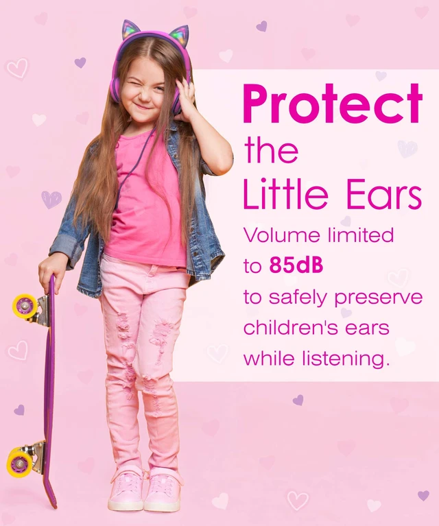 Alt view image 4 of 7 - Kids Headphones with LED Cat Ears (85dB Safe Volume Limit), 3.5mm Soft On-Ear Wired Headphones with Tangle-Free Laced Cables for iPad/Tablet/School/Travel - Hot Pink/Purple
