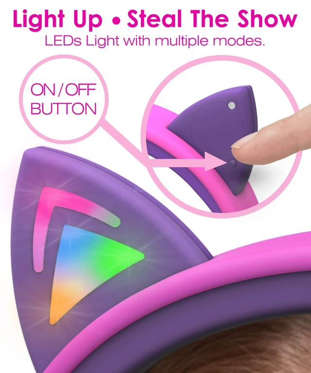 Alt view image 5 of 7 - Kids Headphones with LED Cat Ears (85dB Safe Volume Limit), 3.5mm Soft On-Ear Wired Headphones with Tangle-Free Laced Cables for iPad/Tablet/School/Travel - Hot Pink/Purple