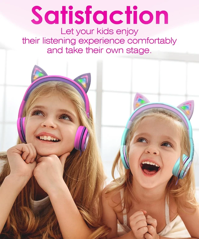 Alt view image 7 of 7 - Kids Headphones with LED Cat Ears (85dB Safe Volume Limit), 3.5mm Soft On-Ear Wired Headphones with Tangle-Free Laced Cables for iPad/Tablet/School/Travel - Teal/Light Purple