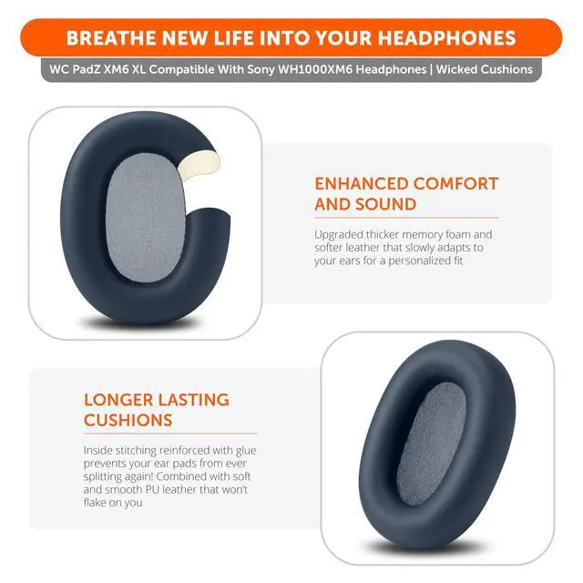 Alt view image 4 of 7 - PadZ XM6 XL Extra Large Replacement Ear Pads Compatible with Sony WH-1000XM6 by Wicked Cushions | Bigger Ear Opening, Enhanced Comfort & Sound Isolation | Midnight Blue