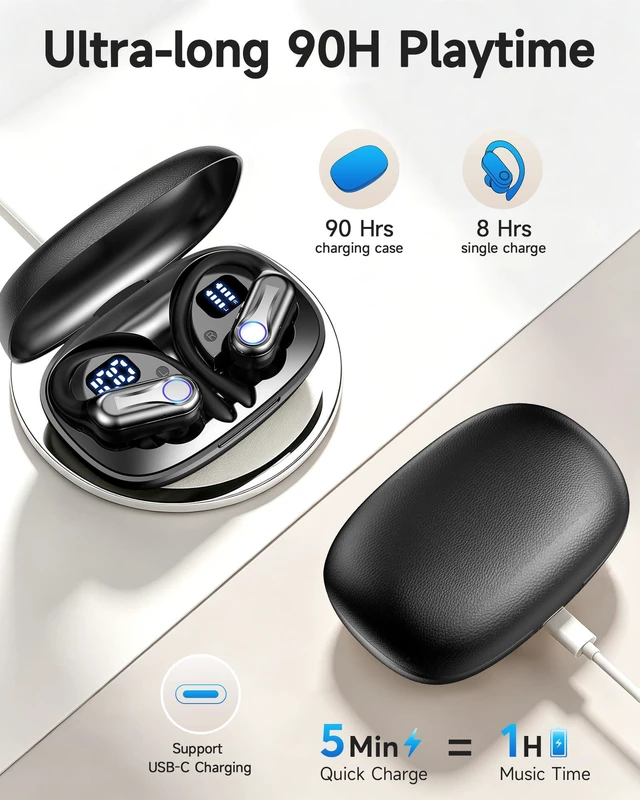 Alt view image 3 of 7 - Wireless Earbuds, Bluetooth Headphones 6.1, 90H Playtime Ear Buds with Hooks for Sports, Dual LED Display Earphones IPX7 Waterproof for Gym/Runing/Workout