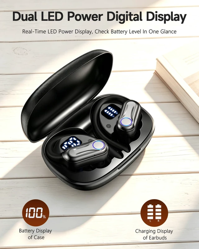 Alt view image 4 of 7 - Wireless Earbuds, Bluetooth Headphones 6.1, 90H Playtime Ear Buds with Hooks for Sports, Dual LED Display Earphones IPX7 Waterproof for Gym/Runing/Workout