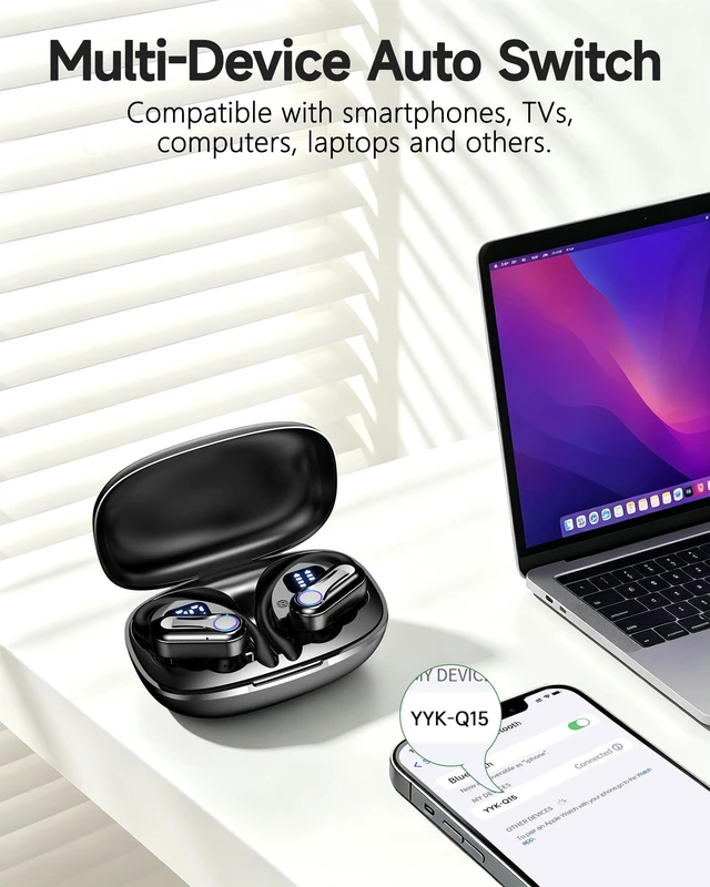 Alt view image 7 of 7 - Wireless Earbuds, Bluetooth Headphones 6.1, 90H Playtime Ear Buds with Hooks for Sports, Dual LED Display Earphones IPX7 Waterproof for Gym/Runing/Workout