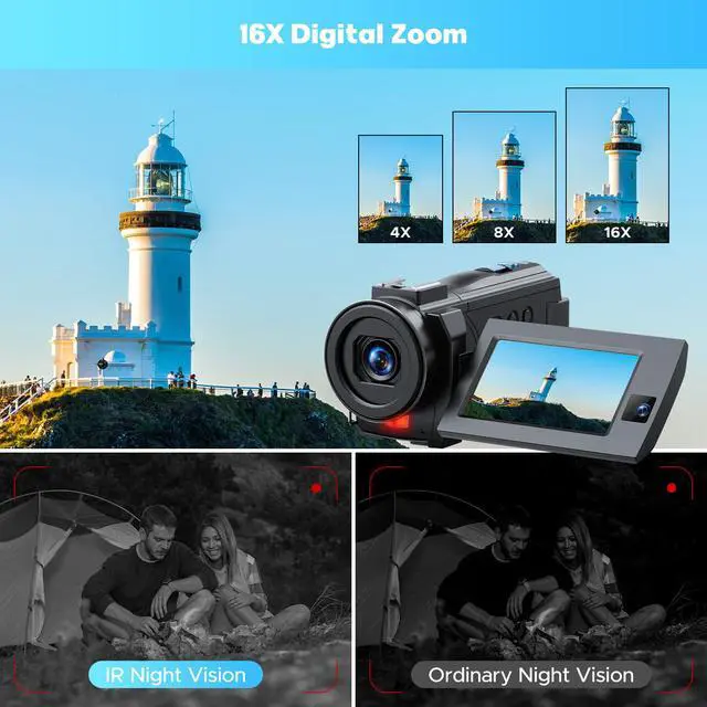 Alt view image 3 of 7 - 5K Video Camera Camcorder, 56MP Dual Lens Vlogging Camera for YouTube, Cam Corder with 3" 270° Flip Touch Screen,16X Zoom, Night Vision, WiFi, Remote, 64GB SD Card, 2 Batteries, Tripod, Webcam