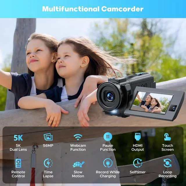 Alt view image 7 of 7 - 5K Video Camera Camcorder, 56MP Dual Lens Vlogging Camera for YouTube, Cam Corder with 3" 270° Flip Touch Screen,16X Zoom, Night Vision, WiFi, Remote, 64GB SD Card, 2 Batteries, Tripod, Webcam