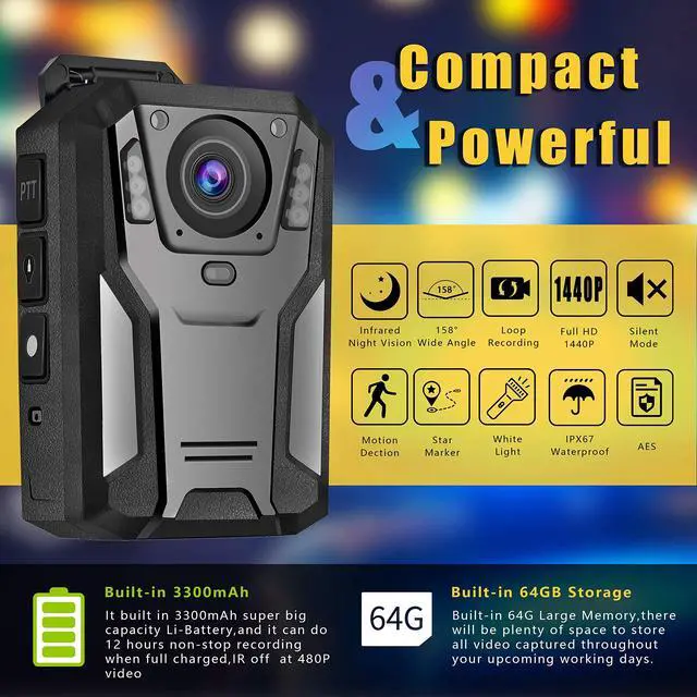 Alt view image 3 of 7 - P100 2K Police Body Camera 64GB Body Cam 12 Hours Continuous Recording USB-C Infrared Night Vision Waterproof Shockproof Lightweight Data-encrypt for Law Enforcement Record