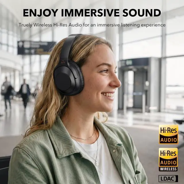 Alt view image 2 of 7 - Bluetooth 6.0 Active Noise Cancelling Headphones for Airplane Travel, LDAC Hi-Res Audio, 90H Playtime Wired and Wireless ANC Headphones, Over Ear Headset for Home Office, Custom EQ via APP, Black