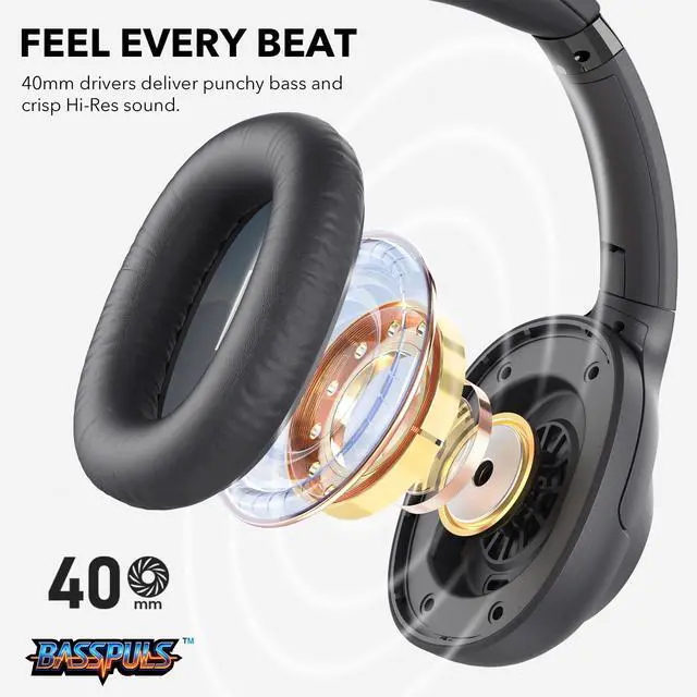 Alt view image 4 of 7 - Bluetooth 6.0 Active Noise Cancelling Headphones for Airplane Travel, LDAC Hi-Res Audio, 90H Playtime Wired and Wireless ANC Headphones, Over Ear Headset for Home Office, Custom EQ via APP, Black