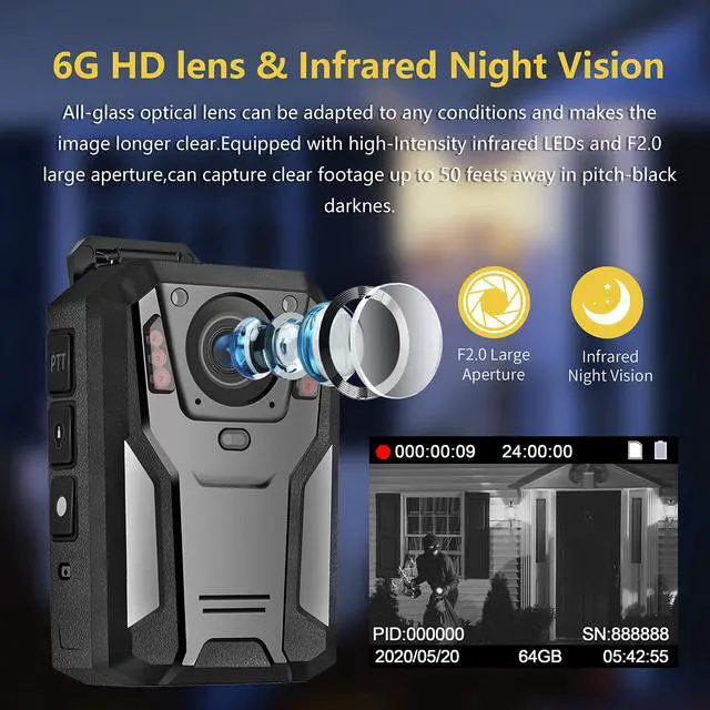 Alt view image 5 of 7 - P100 2K Police Body Camera 64GB Body Cam 12 Hours Continuous Recording USB-C Infrared Night Vision Waterproof Shockproof Lightweight Data-encrypt for Law Enforcement Record