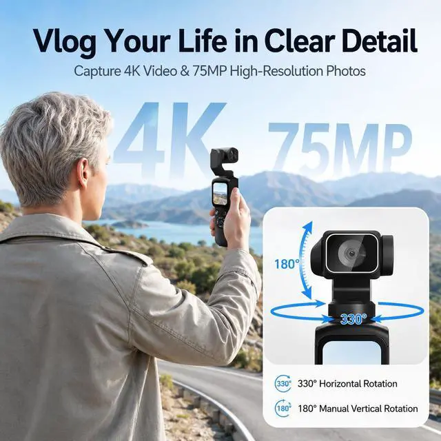 Alt view image 2 of 7 - 4K Vlogging Camera for YouTube, 75MP Pocket Camera with 330° Rotating Lens | PDAF Autofocus, Face Tracking, 1.72" Touch Screen, Tripod, 16GB Card, Handheld Video Camera for Daily Recording
