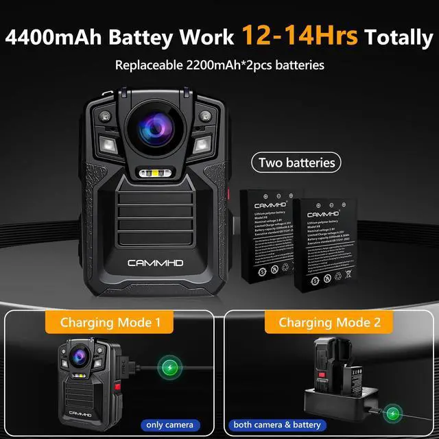 Alt view image 4 of 7 - V8-256GB 4K Body Camera with Audio and Video Recording, 2160P Body Worn Camera Two Battery 4400mAh Work 14H, H.265 Video Recorder, Night Vision Police Cam with Charging Dock