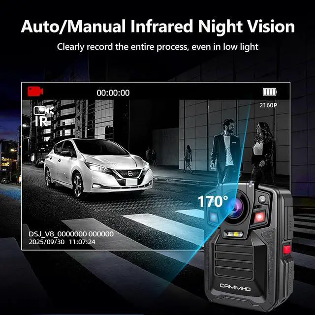 Alt view image 3 of 7 - V8-256GB 4K Body Camera with Audio and Video Recording, 2160P Body Worn Camera Two Battery 4400mAh Work 14H, H.265 Video Recorder, Night Vision Police Cam with Charging Dock