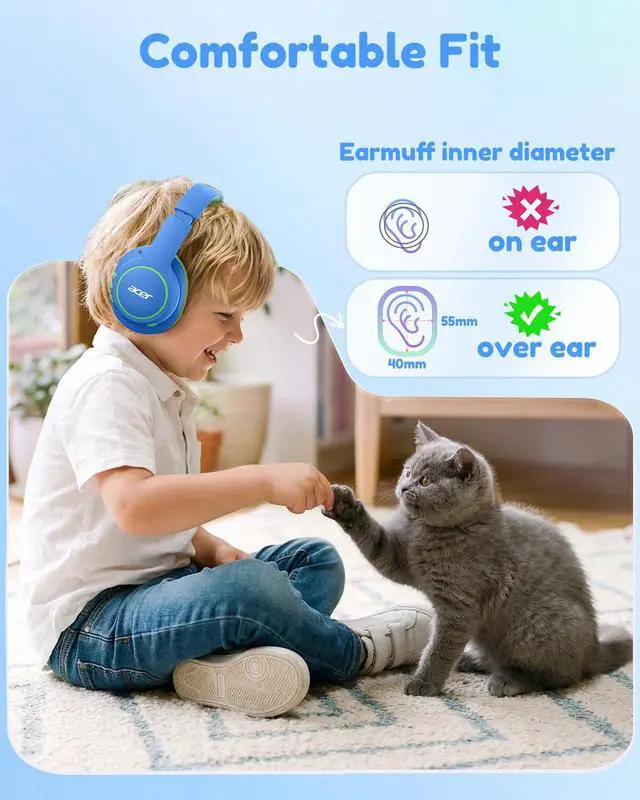 Alt view image 2 of 7 - OHR702 Kids Bluetooth Headphones for School with Built-in Mic,Over-Ear | 75H Playtime, Bluetooth 6.0, 3.5mm Jack Aux Cord, 85dBA Safe Volume, USB-C Fast Charging, for iPad/Travel/Tablet- Blue Green