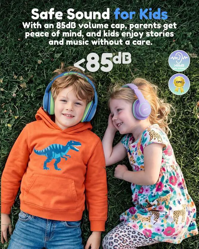 Alt view image 3 of 7 - OHR702 Kids Bluetooth Headphones for School with Built-in Mic,Over-Ear | 75H Playtime, Bluetooth 6.0, 3.5mm Jack Aux Cord, 85dBA Safe Volume, USB-C Fast Charging, for iPad/Travel/Tablet- Blue Green